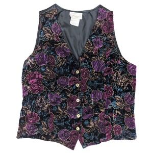 90's Vintage Tradition Size 16 Purple Black Velvet Floral Button Up Vest Boho